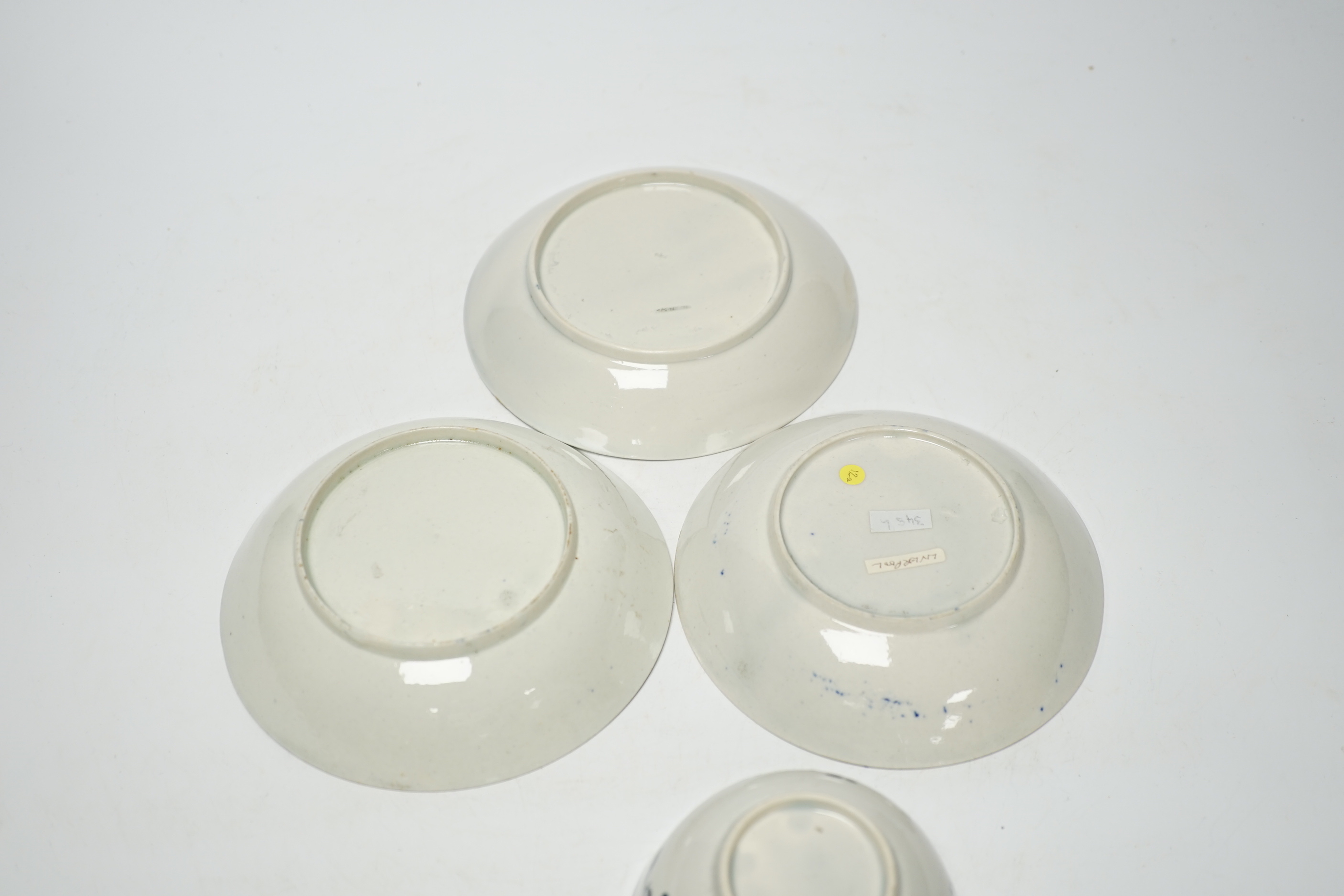 Three late 18th century Liverpool blue and white teabowls and saucers